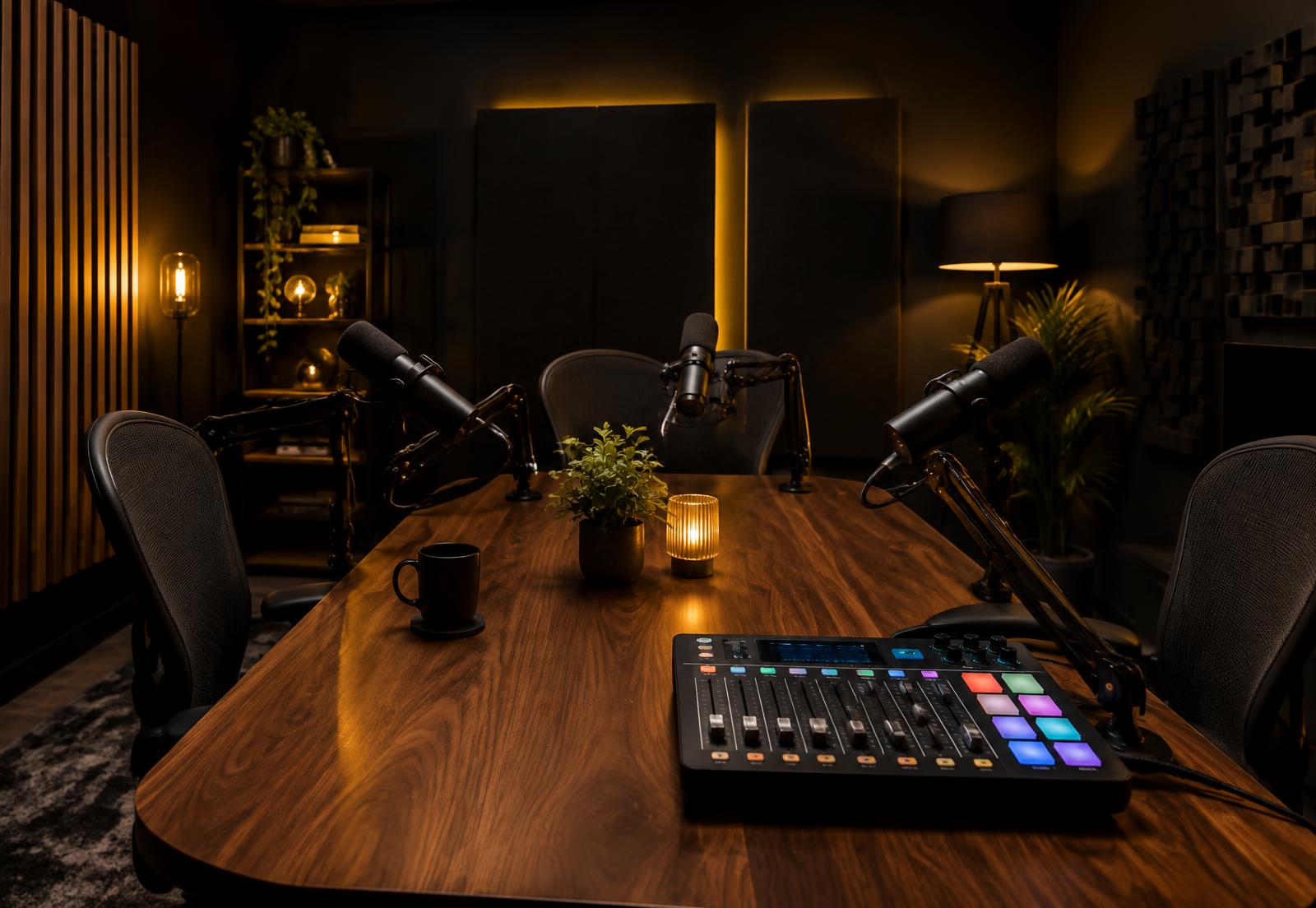 The 360 Radio podcast studio with broadcast microphones and mixing board